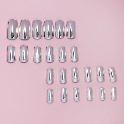 24pcs/set short fake nails metallic red black rose green blue silver golden square tips mirror effect press on false nail art
