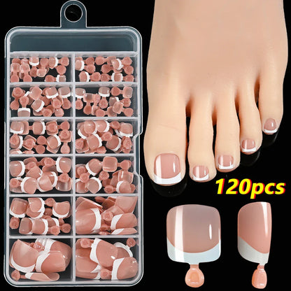 120pcs/Box French Tip Press-On Toenails Pink Color System Square Shape Foot Nails Short Length Glossy Finish False Toe Nails Set