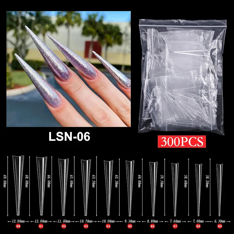 Super Long Sharp Nail Tips Fake Natural Transparent False Nails Durable Extension Acrylic UV Gel Manicure Salon Tools Supplies