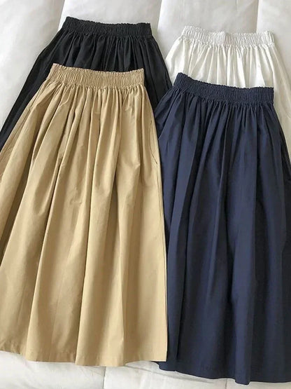 2025 NEW Women's White Long Skirt High Waist A-Line Knee-Length Fashion Pockets Pleated Casual Elegant Skirts for Autumn