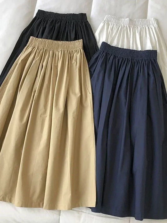 2025 NEW Women's White Long Skirt High Waist A-Line Knee-Length Fashion Pockets Pleated Casual Elegant Skirts for Autumn