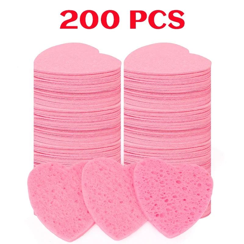 200Pcs Compress Face Wash Puff Reusable Heart Shape Sponges Face Cleansing Pads Strong Water Absorption Natural Wood Pulp Cotton