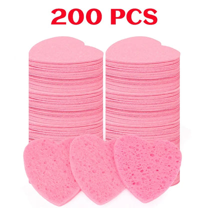 200Pcs Compress Face Wash Puff Reusable Heart Shape Sponges Face Cleansing Pads Strong Water Absorption Natural Wood Pulp Cotton