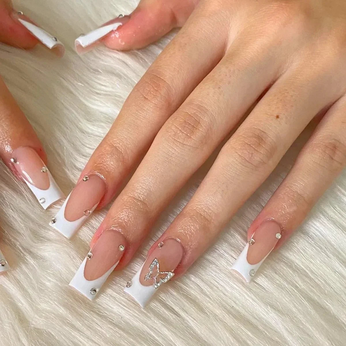 24Pcs Long Square False Nails Simple White French Fake Nails Wearable Ballet Coffin Full Cover Nail Tips Acrylic Press on Nails