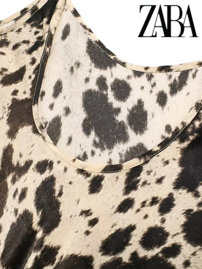 TRAF Women's Silk Textured Leopard Midi Sleeveless Sexy V-Neck Backless Halter Dress Street Fashion Loose Women's Dresses