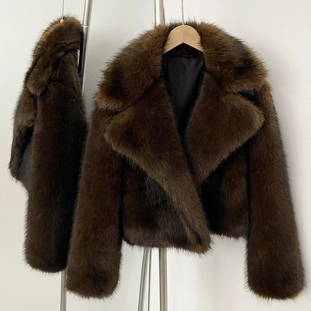 OFTBUY Faux Fur Jacket Women Fashion Vintage Turn-Down Collar Coat Long Sleeve Fur Coat Eco-friendly Autumn Winter Streetwear