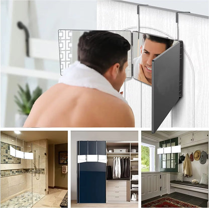 Black Portable 360 Trifold Mirror with Height Adjustable Telescoping Hooks Ideal for Self Hair Cutting Makeup Essential Fordable