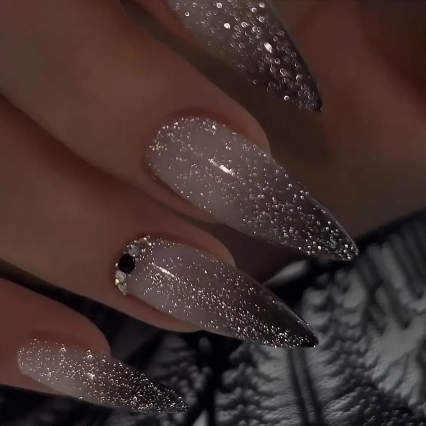 24Pcs Y2k Almond Acrylic Nails Full Cover 3D Diamond Black Nail Art Sweet Cool French Wearable Fake Nail Manicure Tips for Girls