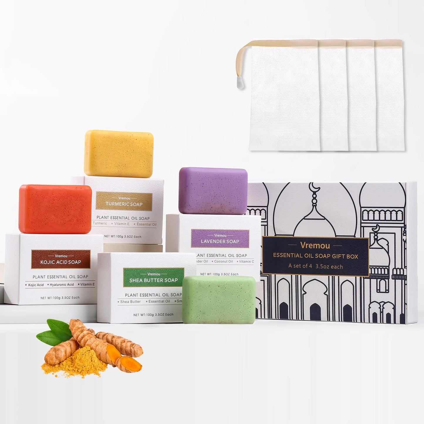 4 Pack Of Natural Plant Essential Oil Soap, Kojic Soap, Turmeric Soap, Moisturizing Cleansing Soap - Bath Body Soap Gift Box