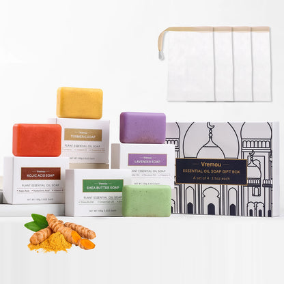 4 Pack Of Natural Plant Essential Oil Soap, Kojic Soap, Turmeric Soap, Moisturizing Cleansing Soap - Bath Body Soap Gift Box