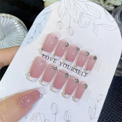 Blush Pink False Nails Bowknot Diamond Pearl 3D Design Press on Nail Tips with Harmless Smooth Edge Nails Woman DIY Fake Nails