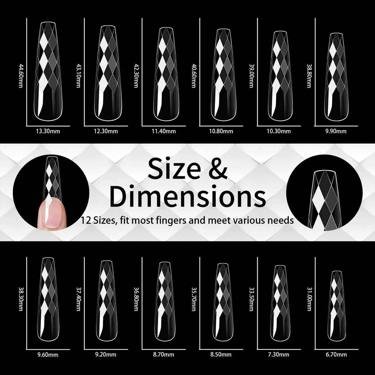 3D Diamond Rhombus False Clear Nail Tips Long Stiletto Coffin Full Cover Nail Art Decoration Tools 12 Sizes 120PC Press On Nails