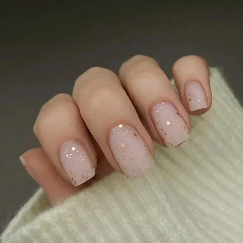 24Pcs Fashion Fake Nails Press on Short Square Head False Nail Art Black Starlit Sky Design Artifical Full Cover Nail Tips