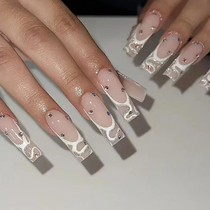 24Pcs Long Square False Nails Simple White French Fake Nails Wearable Ballet Coffin Full Cover Nail Tips Acrylic Press on Nails