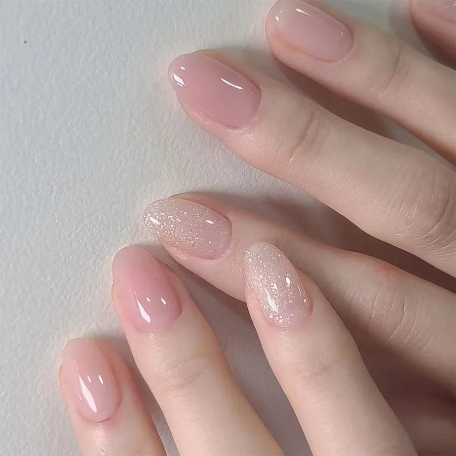 24Pcs Glitter Diamond Press On Nails Sweet Cute Girl Acrylic Nails Full Cover Short Square Fake Nails Wearable Manicure Nail Tip