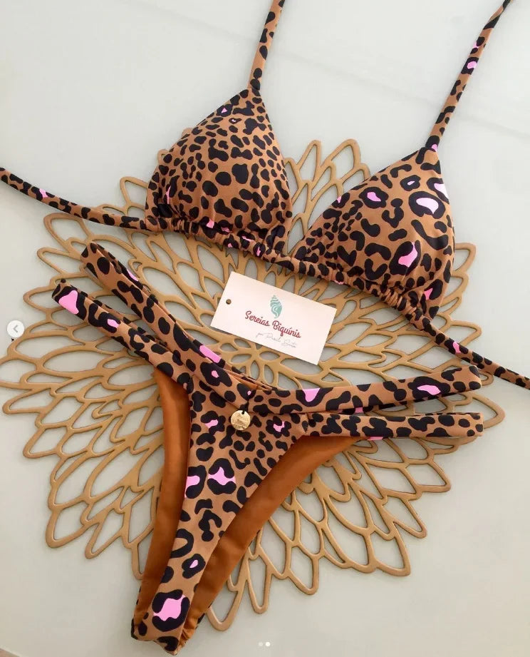 Print Sexy Bikini Sets Halter Lace-up Tops Thongs Beach Style Bathing Suit Y2k Swimsuits Women Beachwear Купальник Женский 2025
