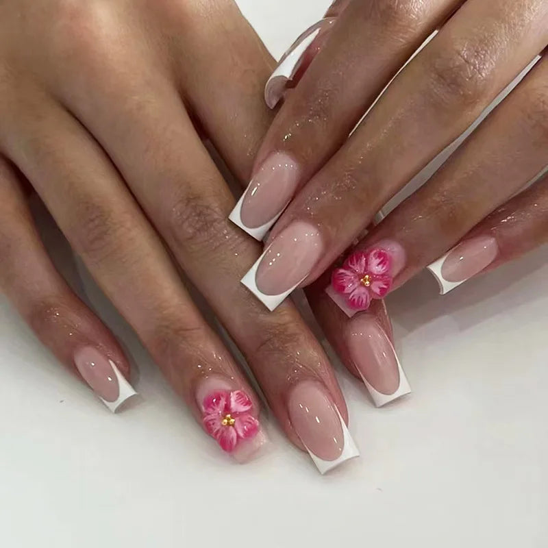 24pcs Blush Pink French Press On Nails Hand-painted White Flower Gold Ball Designs Fake Nail Short Square Korean False Nail Tips