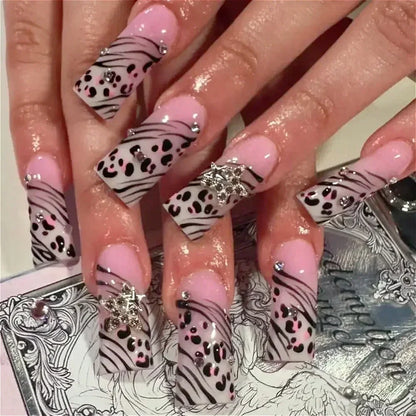 Leopard Print Ballet Fake Nails Art Almond False Nail Tip Charm Star Bowknot Flower Heart Cherry Pointed Press on Nails Manicure