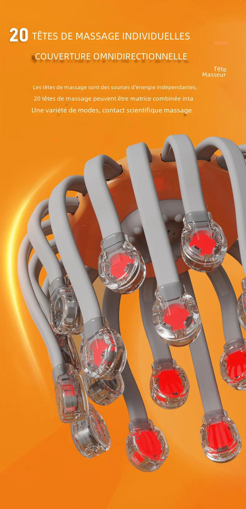 20Massage Heads Orange Scalp Head Massager Red Light Vibrator Octopus Scratcher For Relaxation Stress Migraine