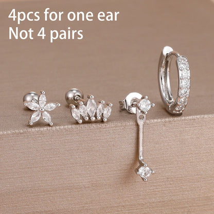4PCS Stainless Steel Circle Huggie Hoop Earrings Set for Women Gold Color Unique Zircon Flower Stud Earring Piercing Jewelry