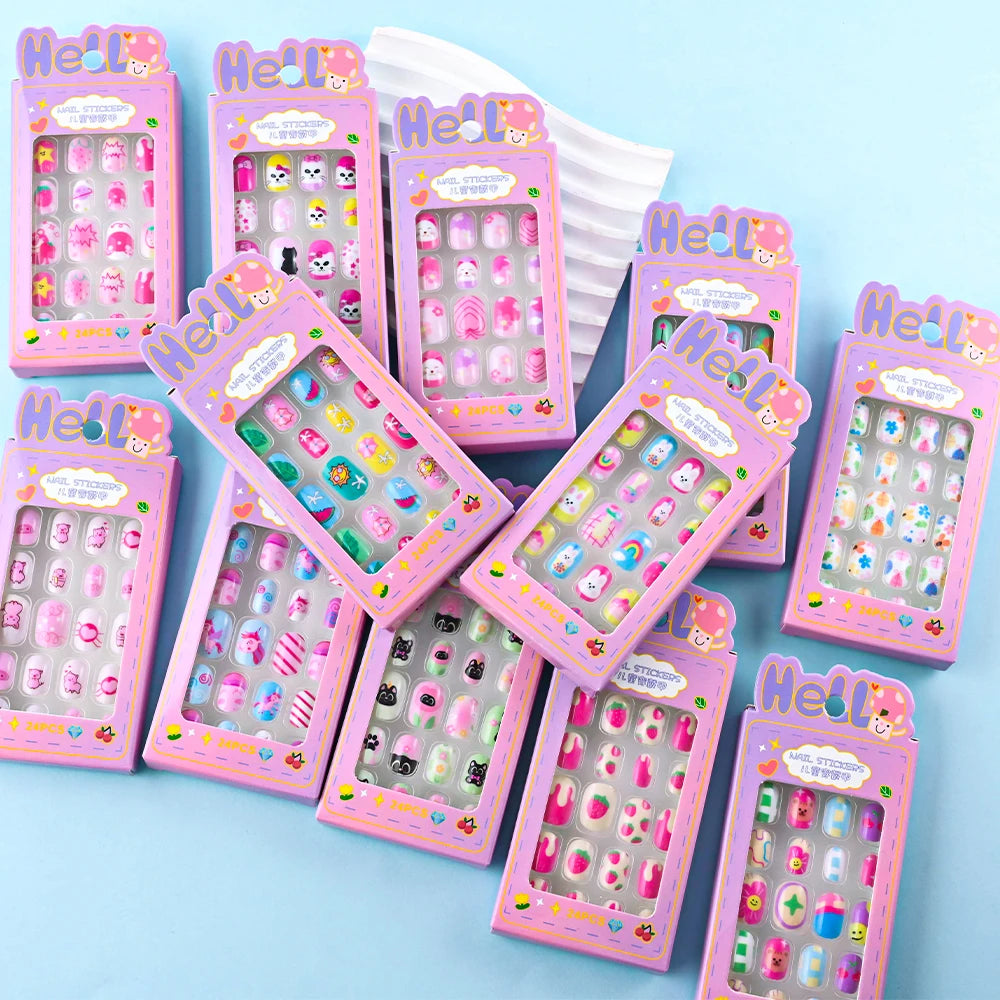 24Pcs/box Kids nails for Girl Cartoon Pattern False Nail Cute Child Fake Nails Tips Kawaii Acrylic Artificial Press on Nail+Tool