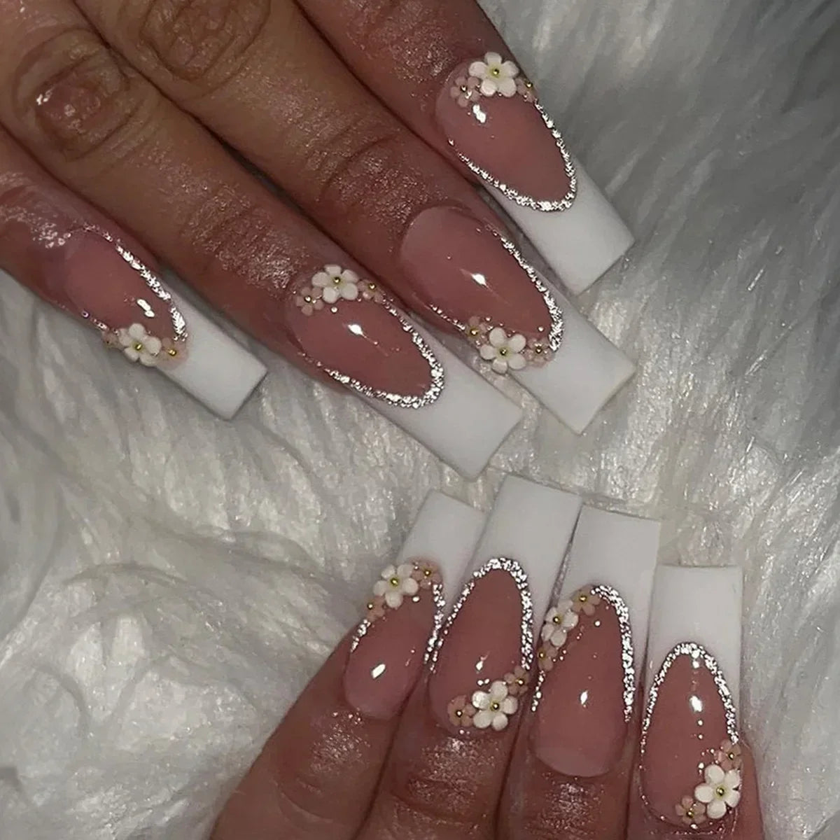 24Pcs Long Square False Nails Simple White French Fake Nails Wearable Ballet Coffin Full Cover Nail Tips Acrylic Press on Nails