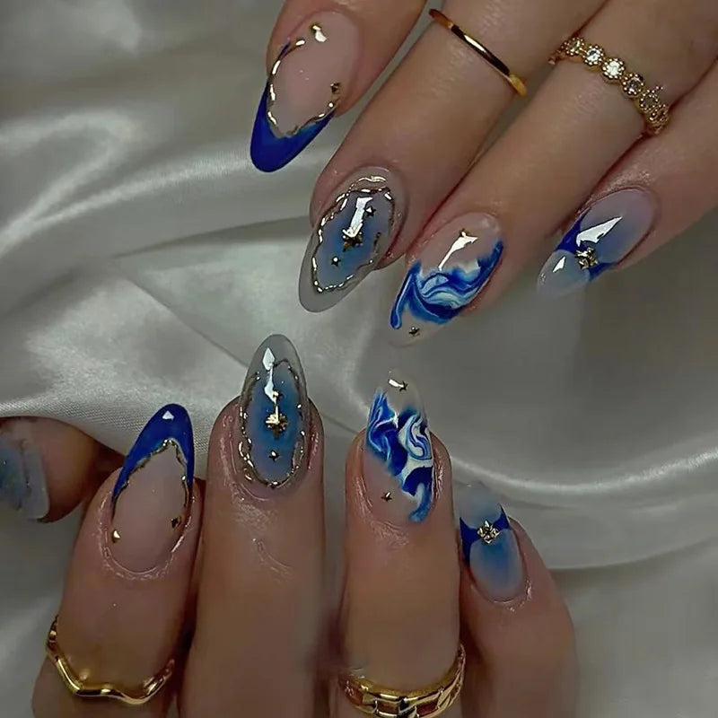 24Pcs Blue French Fake Nails Short Almond Nails Set Press on Wearable Wave Line Golden Star Design False Nails Manicure Tips