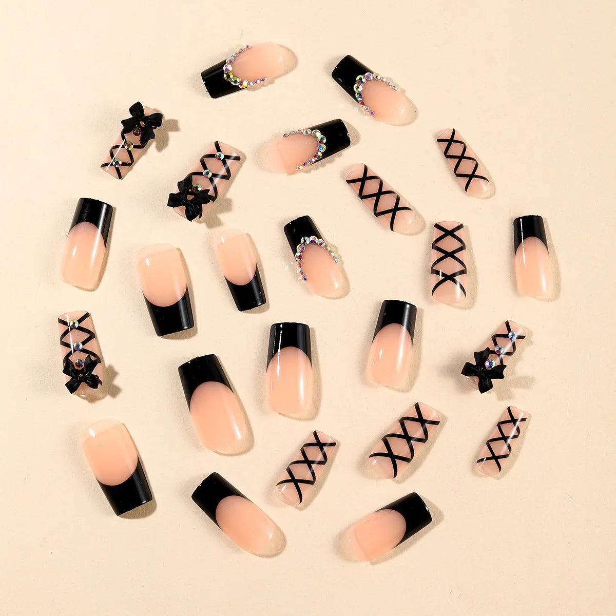 24pcs Long Ballet Press On Nails Black Cross Strap French Style Fake Naile With 3D Bowknot Decor Korean Reusable False Nail Tips