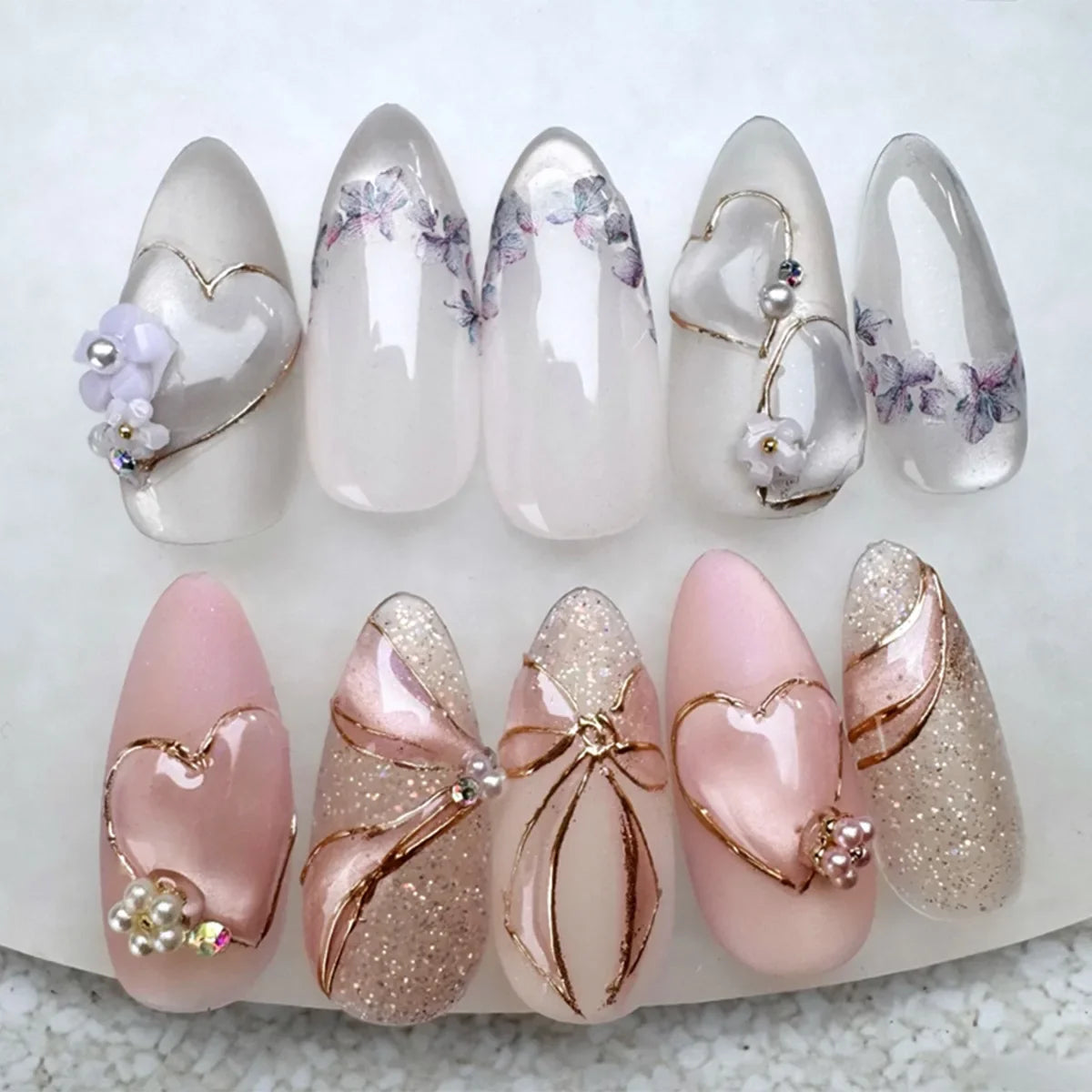 24Pcs Simple Glitter Almond False Nails with Glue Ballerina Nail Design Sweet Cool French Detachable Press on Nail Manicure Tips