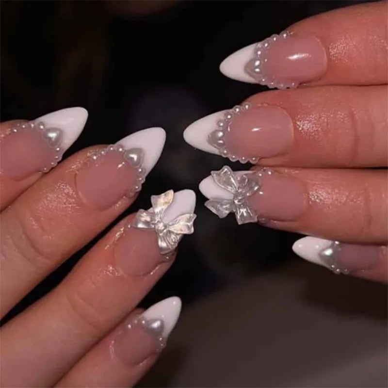 24Pcs Pink French Style Fake Nails 3D Bowknot Designs Short Square Press on Nails Sweet Korean Fashion False Nail for Women Girl