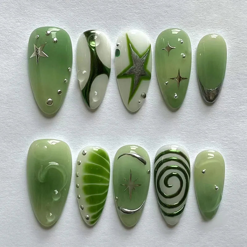 24pcs Summer Green Almond Press on Nails Fashion y2k Star Print False Nails Ins Simple Wearable Reusable Fake Nails for Women