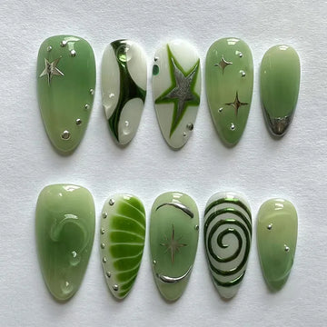 24pcs Summer Green Almond Press on Nails Fashion y2k Star Print False Nails Ins Simple Wearable Reusable Fake Nails for Women