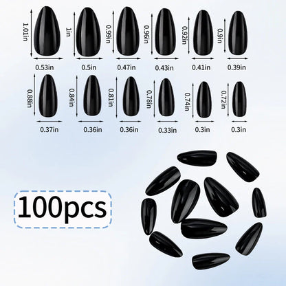 100pcs Black Almond Fake Nail Mid-length Solid Color Artificial Nail Removable Press On Nails Tip Almond Nail Art False Nail