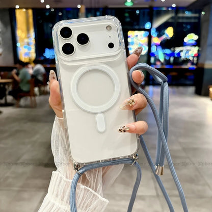 Crossbody Lanyard Necklace Rope Clear Case For iPhone 13 14 Plus 15 16 17 Pro Max For Magsafe Magnetic Wireless Charging Cover