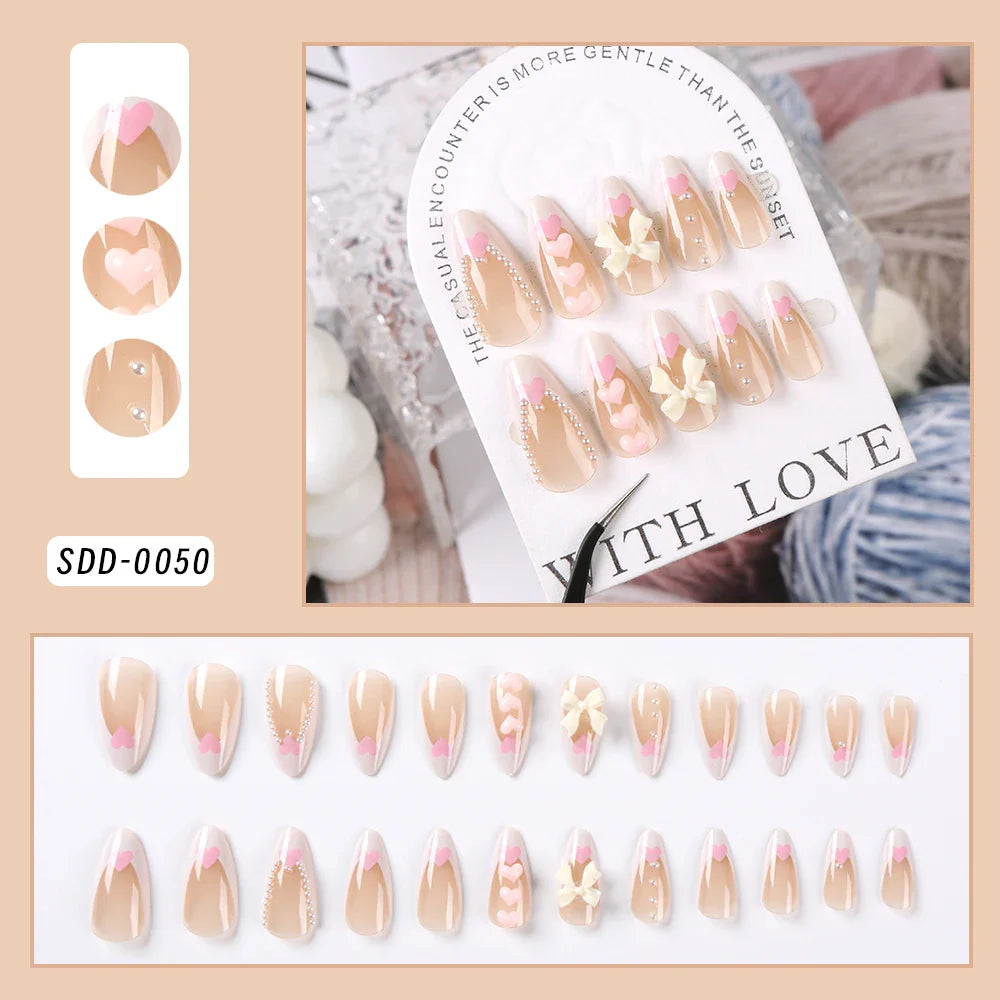 24Pcs Bow Pearl Press on Fake Nails Nude Pink Almond French Stick on False Nail Korean Sweet Girls Wearable Press on Nail + TOOL