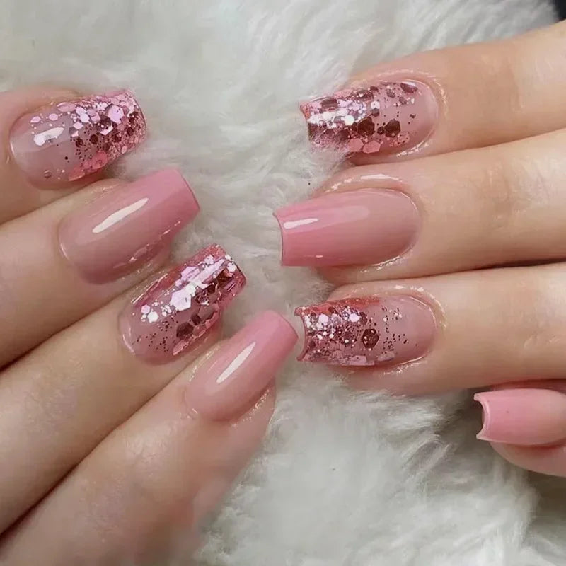 24Pcs Short Solid Color Wine Red Fake Nail Tips with Glue Glitter Square/round Head False Nails Wearable Ballet Press on Nails