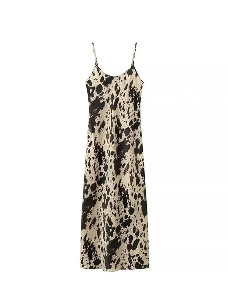 TRAF Women's Silk Textured Leopard Midi Sleeveless Sexy V-Neck Backless Halter Dress Street Fashion Loose Women's Dresses