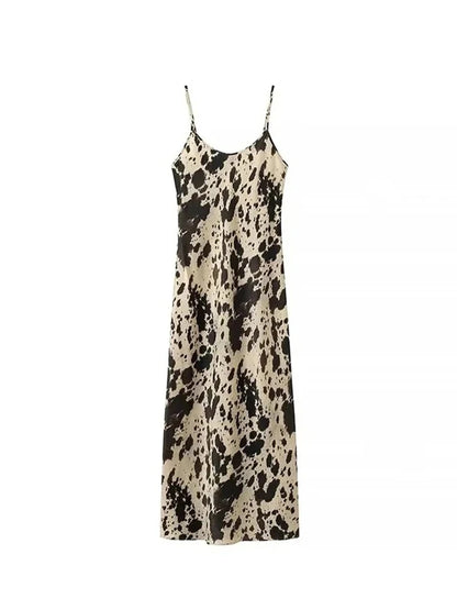 TRAF Women's Silk Textured Leopard Midi Sleeveless Sexy V-Neck Backless Halter Dress Street Fashion Loose Women's Dresses