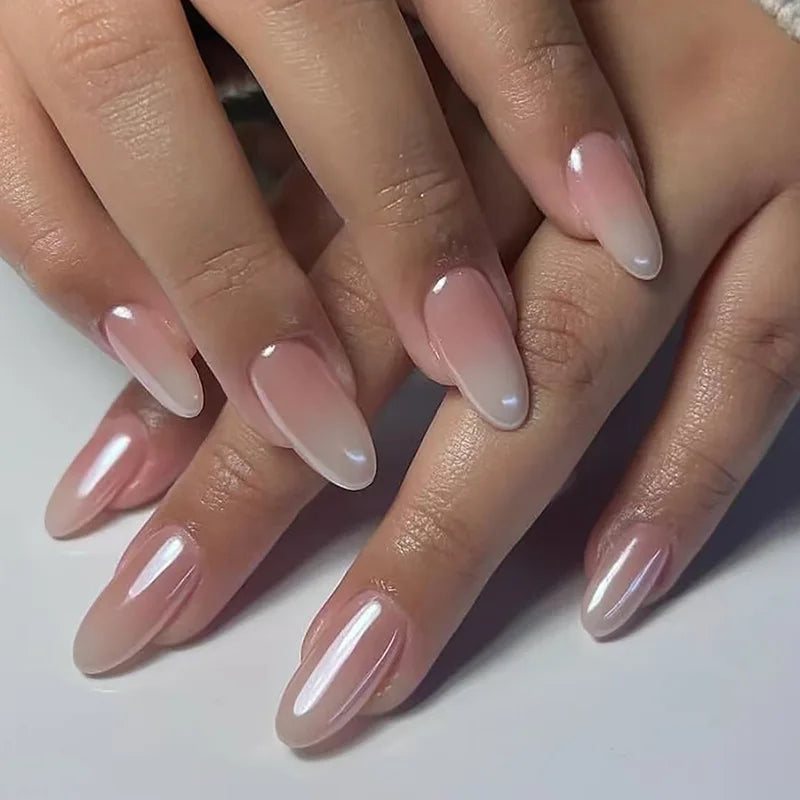 24Pcs Long Almond Fake Nails with White Edge Design Wearable French Press on False Nails Simple Full Cover Nail Tips Manicure