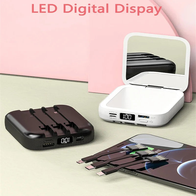 20000mAh Power Bank with Makeup Mirror Detachable Digital Display External Battery Built in Cable for iPhone Samsung