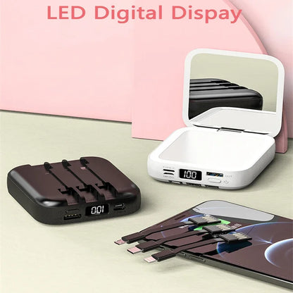 20000mAh Power Bank with Makeup Mirror Detachable Digital Display External Battery Built in Cable for iPhone Samsung