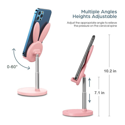 Cute Rabbit Phone Holder Stand Desktop Angle Height Adjustable Bunny Phone Stand for Selfie Watch Drama Support Bracket Table