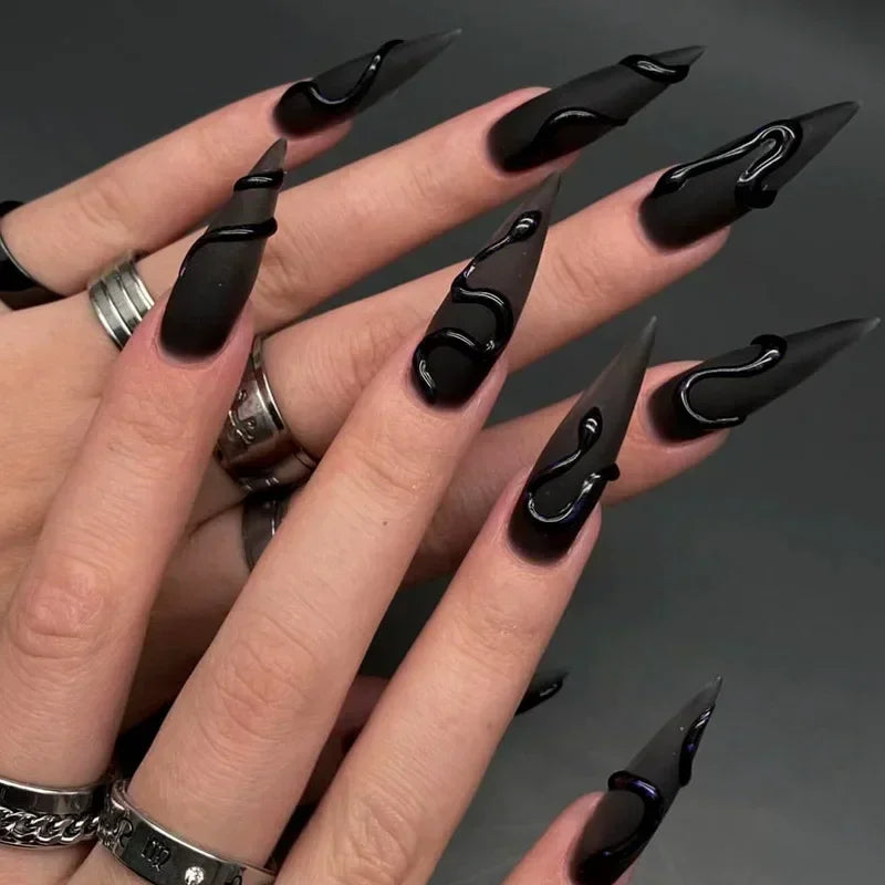 24Pcs Y2k Almond Acrylic Nails Full Cover 3D Diamond Black Nail Art Sweet Cool French Wearable Fake Nail Manicure Tips for Girls