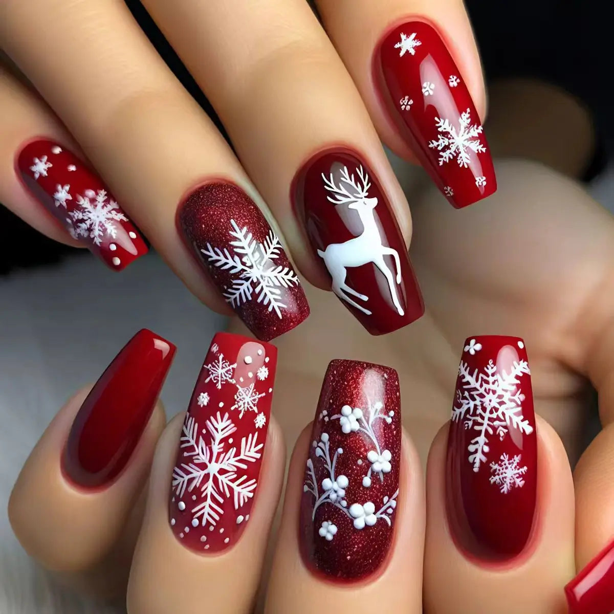 24pcs Christmas Red Coffin Press on Nails Winter Snowflake Deer Print False Nails Wearable Detachable European Fake Nail Tips