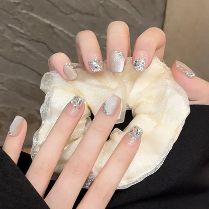 10Pcs Glitter Diamond Short Handmade Press On Nails Full Cover Irregular Rhinestone Design Cat Eye Ballet Fake Nails Manicure