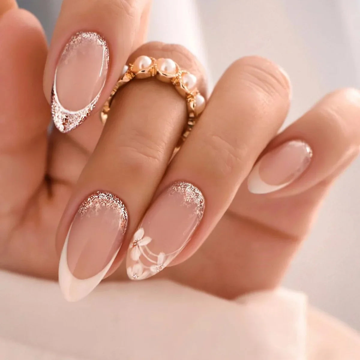 24Pcs Solid Color Grey Almond Fake Nail Cat's Eye Design Wearable Round Head False Nails with Shiny Powder Press on Nails