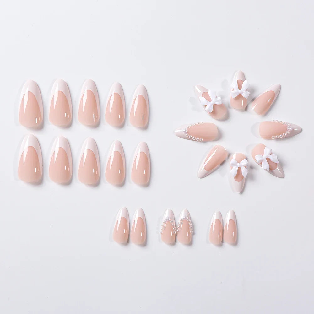 24Pcs Bow Pearl Press on Fake Nails Nude Pink Almond French Stick on False Nail Korean Sweet Girls Wearable Press on Nail + TOOL