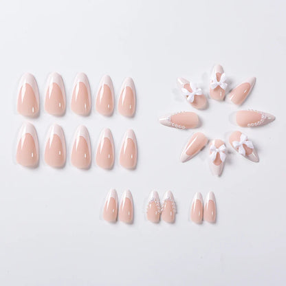 24Pcs Bow Pearl Press on Fake Nails Nude Pink Almond French Stick on False Nail Korean Sweet Girls Wearable Press on Nail + TOOL