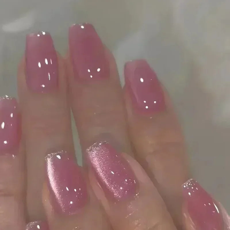 24pcs Crystal Cat Eye False Nails with Glue Short Square Press on Nails Shiny Red Jewel Nail Solid Color Fake Nails Minimalis
