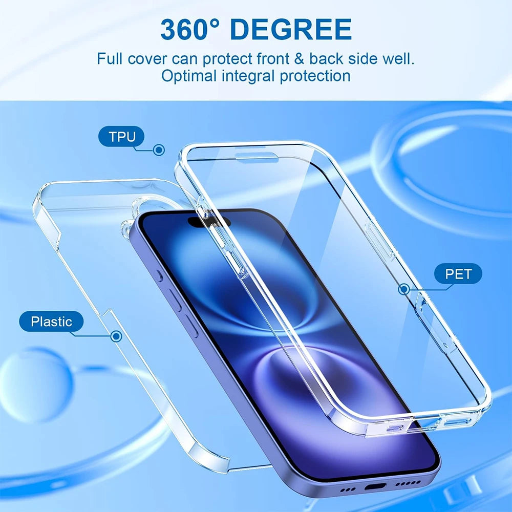 360° Full Body Cover Protection Case iPhone 16 15 14 13 12 mini 11 Pro Xs Max SE 2 3 7 8 plus Clear Hard PC Soft Silicone Shell